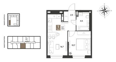 1-к. квартира, 34 м²