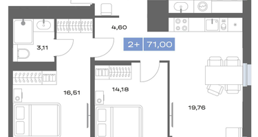 2-к. квартира, 71&nbsp;м²