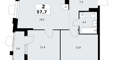 2-к. квартира, 57 м²