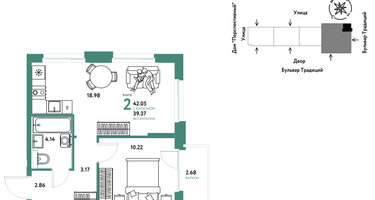 2-к. квартира, 42&nbsp;м²