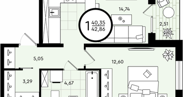 1-к. квартира, 42&nbsp;м²