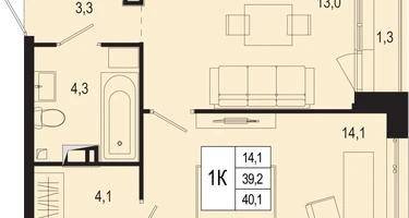 1-к. квартира, 39&nbsp;м²