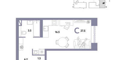1-к. квартира, 27 м²