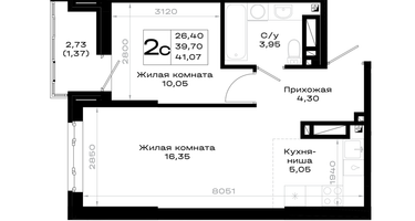 1-к. квартира, 41 м²