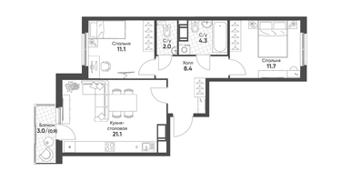 2-к. квартира, 59&nbsp;м²