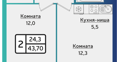 2-к. квартира, 43&nbsp;м²