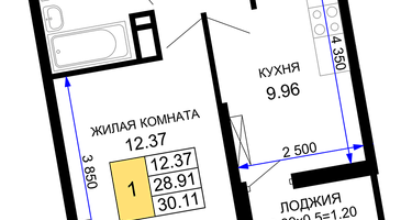 1-к. квартира, 30&nbsp;м²