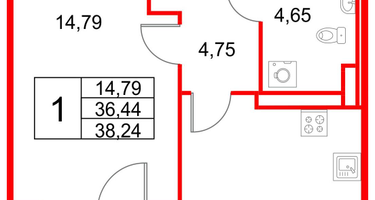 1-к. квартира, 38&nbsp;м²