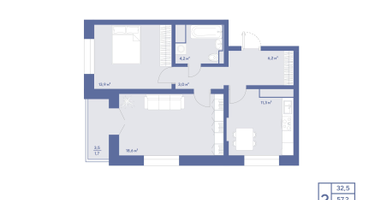 2-комнатная квартира, 58&nbsp;м²