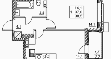 1-к. квартира, 38&nbsp;м²