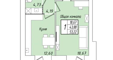 1-к. квартира, 53 м²