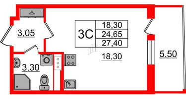Студия, 24 м²