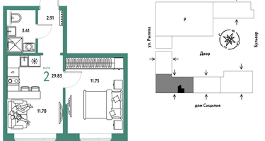 2-к. квартира, 29&nbsp;м²