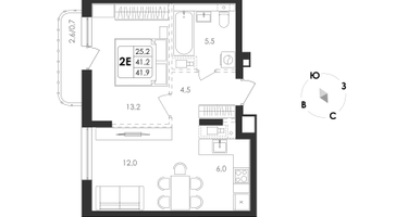 2-к. квартира, 43&nbsp;м²