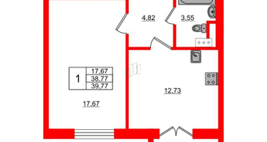 1-к. квартира, 39&nbsp;м²
