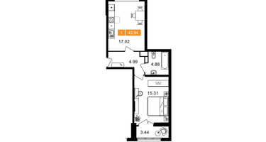 1-к. квартира, 43 м²