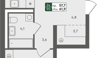 2-к. квартира, 61&nbsp;м²
