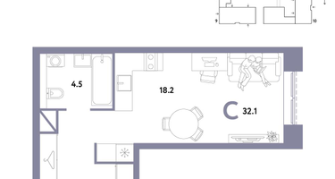 1-к. квартира, 32&nbsp;м²