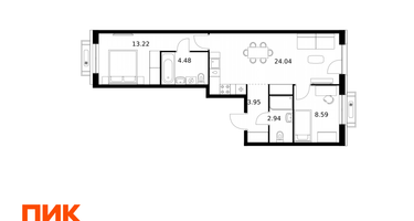 2-к. квартира, 57&nbsp;м²