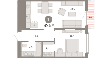 1-к. квартира, 49&nbsp;м²
