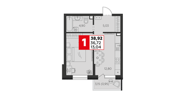 1-к. квартира, 36&nbsp;м²