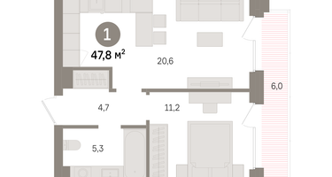 1-к. квартира, 47 м²