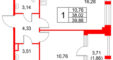 1-к. квартира, 43&nbsp;м²