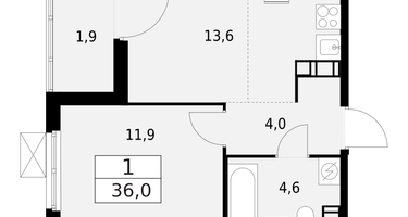 1-к. квартира, 36&nbsp;м²