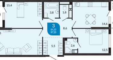 3-к. квартира, 87&nbsp;м²