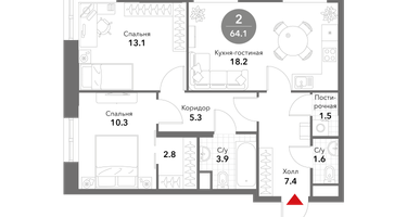 2-к. квартира, 65 м²