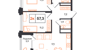 2-к. квартира, 57&nbsp;м²
