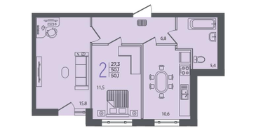2-к. квартира, 50 м²