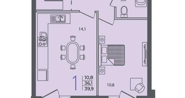 1-к. квартира, 39 м²