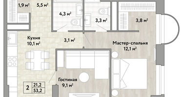 2-к. квартира, 53 м²