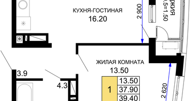 1-к. квартира, 39&nbsp;м²
