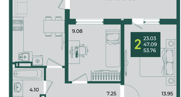 2-к. квартира, 53 м²
