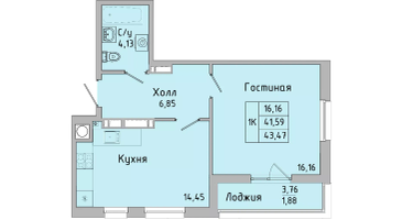 1-к. квартира, 41&nbsp;м²