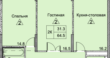 2-к. квартира, 64&nbsp;м²