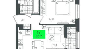 1-к. квартира, 36 м²