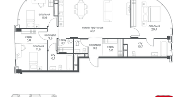 3-к. квартира, 131&nbsp;м²
