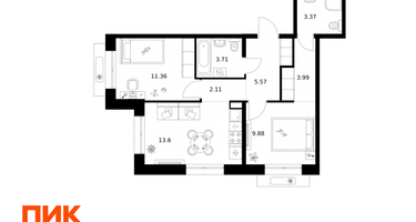 2-к. квартира, 53&nbsp;м²