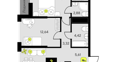 2-к. квартира, 61 м²