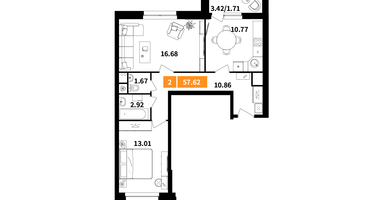 2-к. квартира, 57 м²
