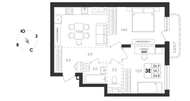 3-к. квартира, 54&nbsp;м²