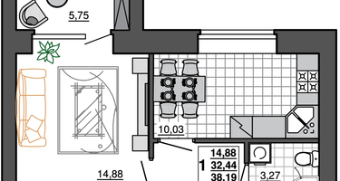 1-к. квартира, 38&nbsp;м²