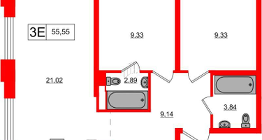 2-к. квартира, 55&nbsp;м²