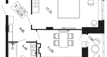 1-к. квартира, 43&nbsp;м²