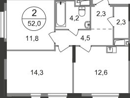 2-к. квартира, 52&nbsp;м²