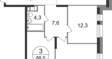 3-к. квартира, 88&nbsp;м²