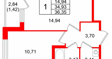 1-к. квартира, 36&nbsp;м²